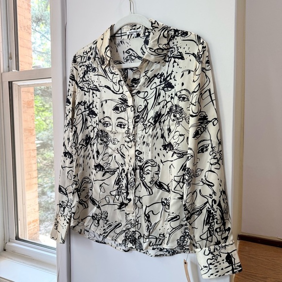 NWT Reformation Sky Silk Top Long Sleeve Button Down Abstract Doodle Vogue XS - Picture 9 of 15